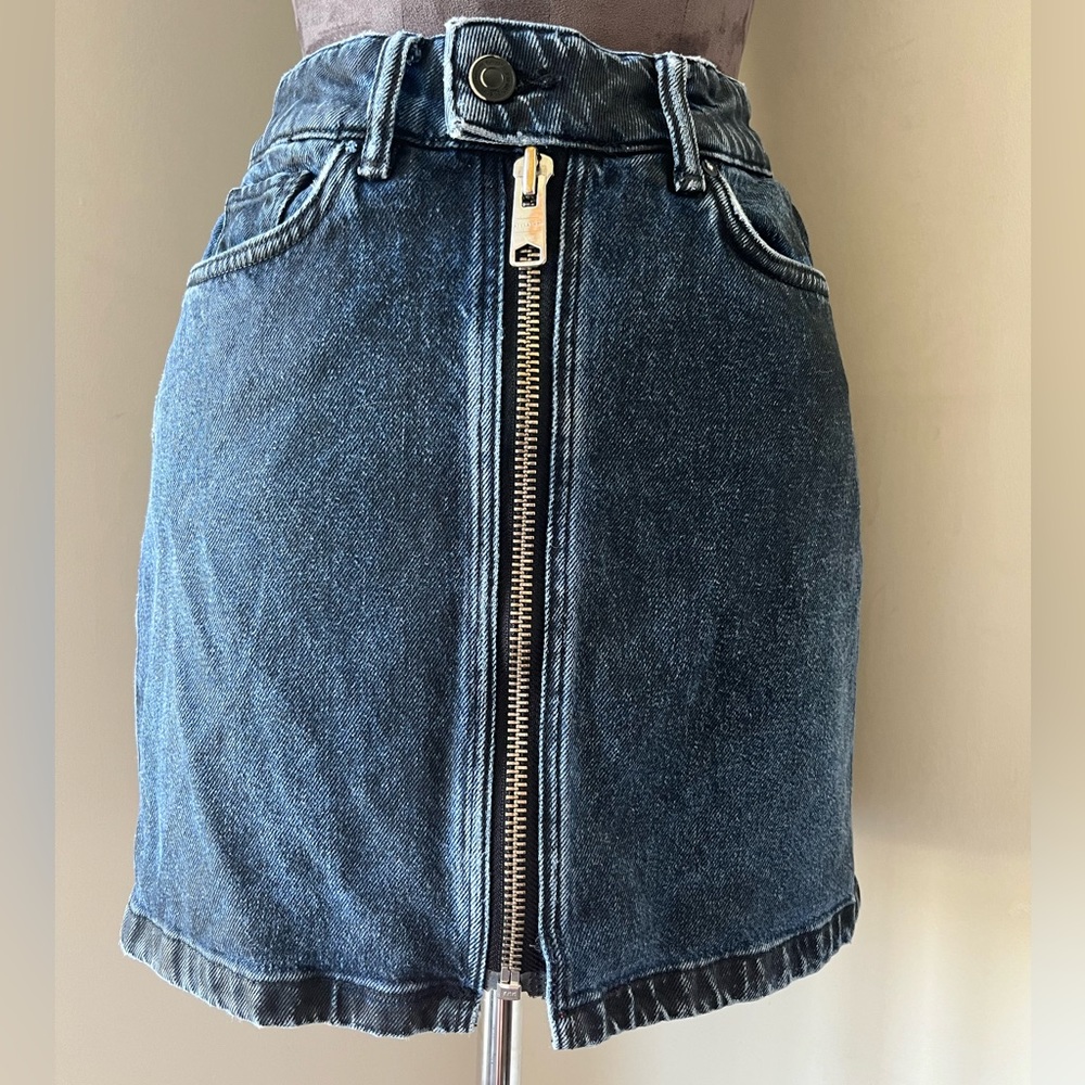 ALLSAINTS Distressed Dark Blue Denim Mini Front Zip Grunge Edgy 80s vibe